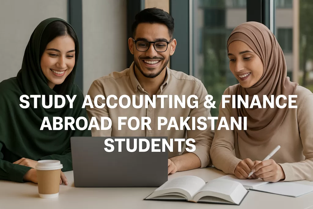 hree Pakistani students—two women in hijabs and a man wearing glasses—sit at a table in a bright, modern classroom. They collaborate over a laptop and open books, smiling as they engage in their Accounting and Finance studies.