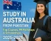 Pakistani female student in graduation gown smiling with a book in hand, standing next to iconic Australian symbols including the Sydney Opera House, kangaroo, and Australian flag, with bold text reading “Study in Australia from Pakistan – Top Courses, PR Pathways & Scholarships 2025–2026