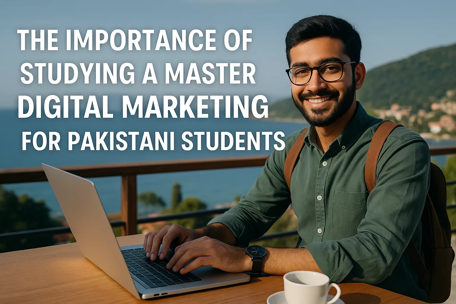 A young Pakistani student with a backpack and glasses smiles while working on a laptop at an outdoor table overlooking a coastal view, symbolizing the freedom and opportunities offered by a Master’s in Digital Marketing.