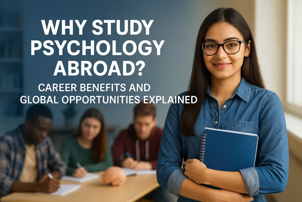 Confident international psychology student holding a notebook in a diverse classroom setting while studying abroad