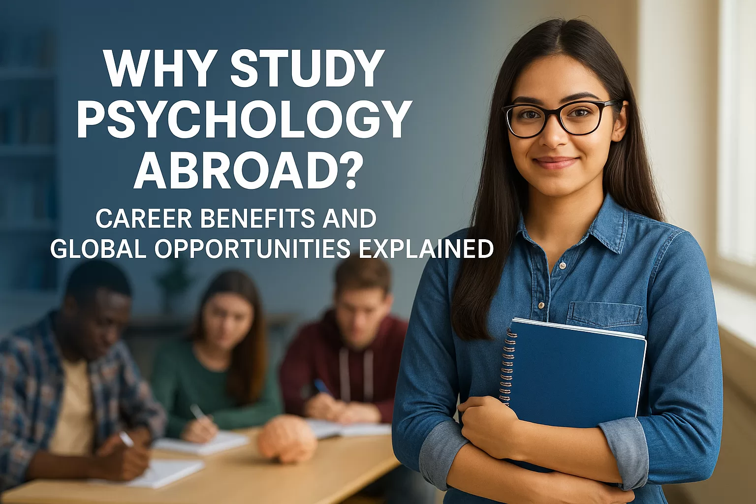 Confident international psychology student holding a notebook in a diverse classroom setting while studying abroad