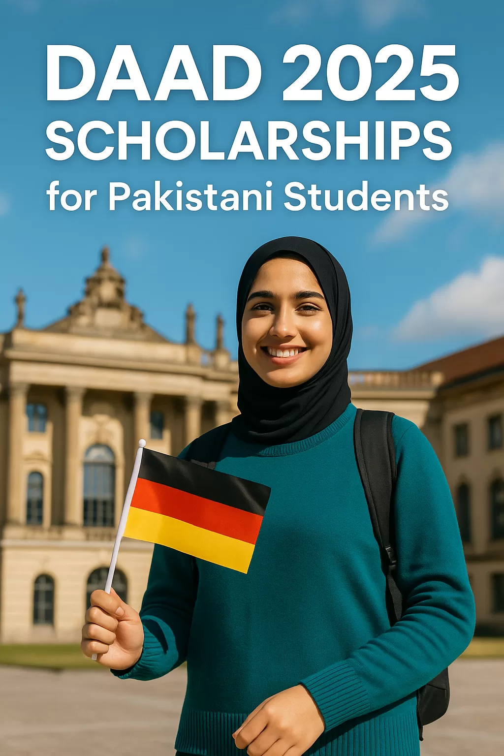 A smiling Pakistani student holding a German flag in front of a historic German university building, promoting DAAD 2025 scholarships.
