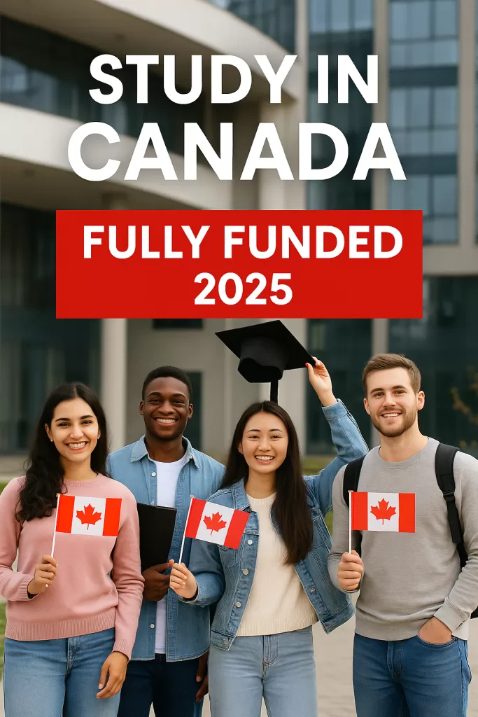 Four diverse international students holding Canadian flags in front of a modern university building, promoting University of Manitoba Fully Funded Scholarships 2025