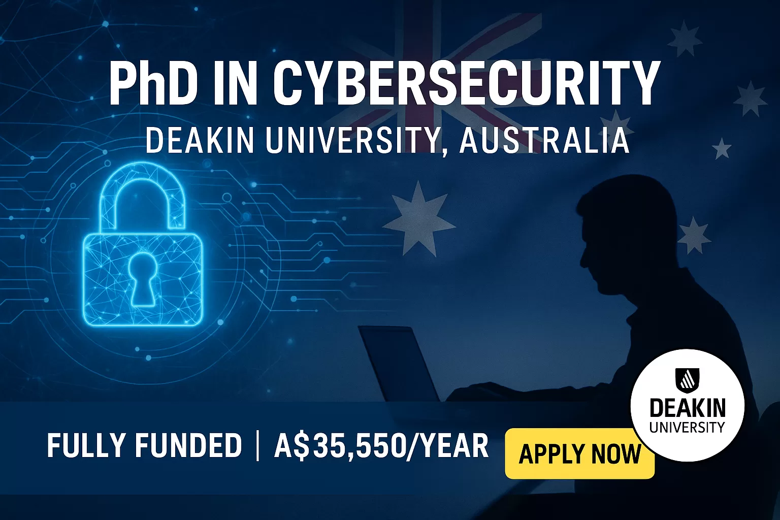 Cybersecurity PhD scholarship opportunity at Deakin University Australia with A$35,550 stipend for Computer Science and Electrical Engineering graduates