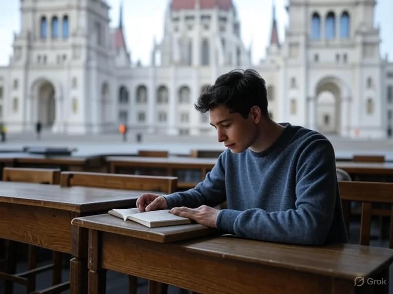 Study in Hungary student in library, Budapest is in background