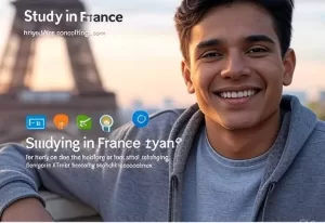 Study in France image student smiling Eifel tower in background