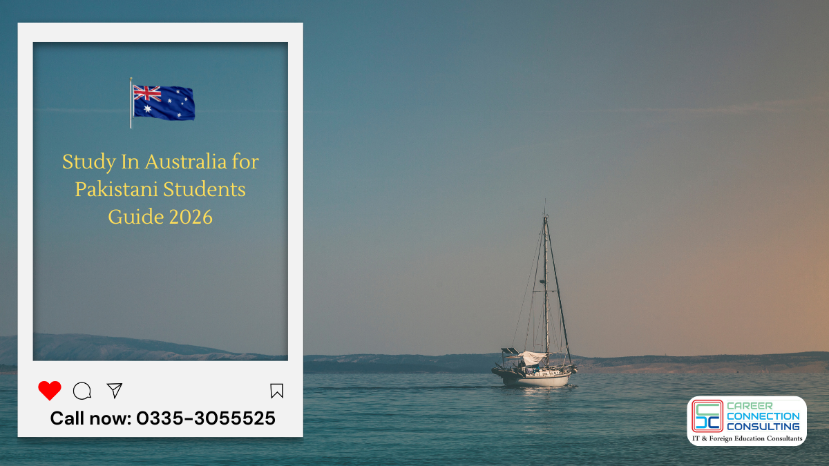Featured image showing a study abroad promotional graphic titled “Study in Australia for Pakistani Students Guide 2026” with ocean background, sailboat, and contact details.