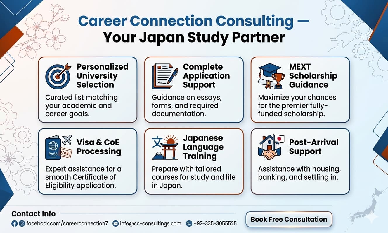 Career Connection Consulting services for Pakistani students studying in Japan - university selection, MEXT guidance, visa processing, and post-arrival support