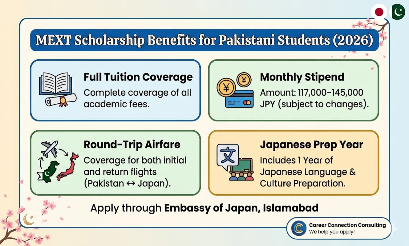 MEXT Scholarship benefits breakdown for Pakistani students 2026-2027 - full tuition, stipend, airfare coverage