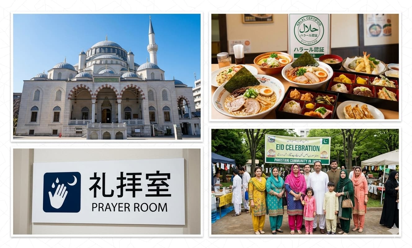 Muslim-friendly life in Japan for Pakistani students - Tokyo Camii mosque, halal food, prayer rooms, and Pakistani community