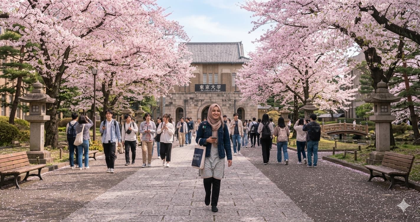 Pakistani student walking through a Japanese university campus with cherry blossoms - complete guide to study in Japan from Pakistan 2026